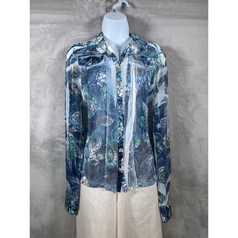 Spy Zone Exchange Blouse Womens Size Small Blue Sheer Mesh Abstract Y2K